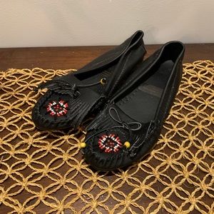 Beaded Fringe Leather Moccasins Flats